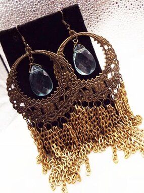 HANDMADE VINTAGE LARGE FILIGREE CHAIN FRINGE AQUA DROP PIERCED EARRINGS 21